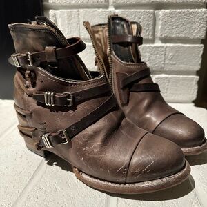 Freebird Brown Ankle Boots with Distressed Leather and Decorative Straps